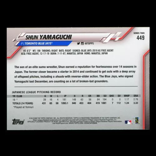 Shun Yamaguchi RC 2020 Topps Rookie Blue Jays
