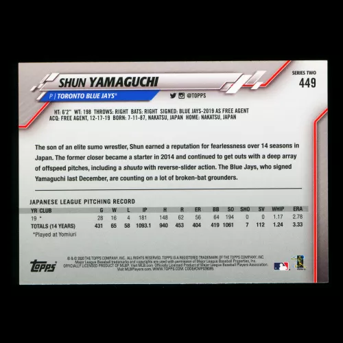 Shun Yamaguchi RC 2020 Topps Rookie Blue Jays