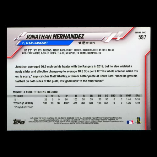 Jonathan Hernandez RC 2020 Topps Rookie Inaugural Season Rangers
