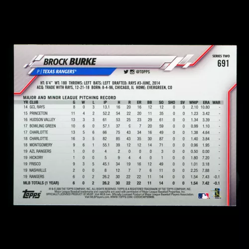 Brock Burke RC 2020 Topps Rookie Inaugural Season Rangers