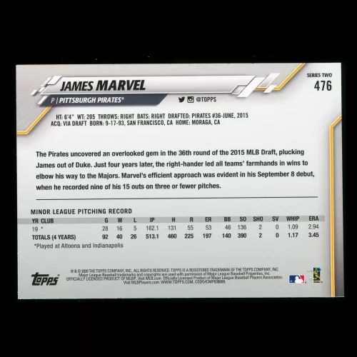 James Marvel RC 2020 Topps Rookie Pirates