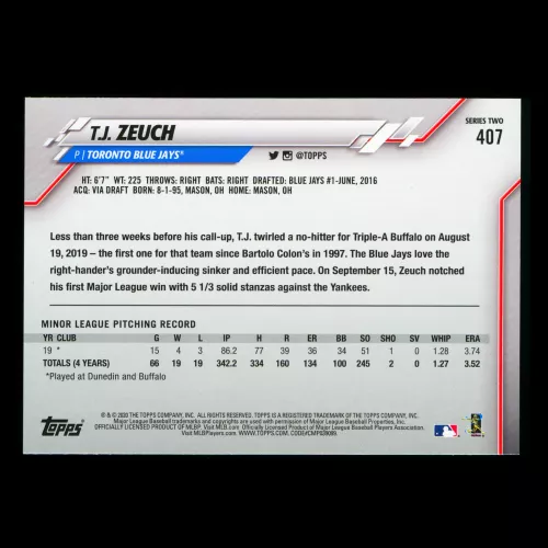 T.J. Zeuch RC 2020 Topps Rookie Blue Jays
