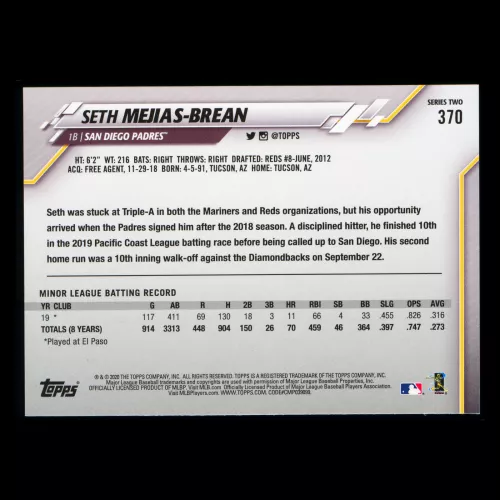 Seth Mejias-Brean RC 2020 Topps Rookie Padres