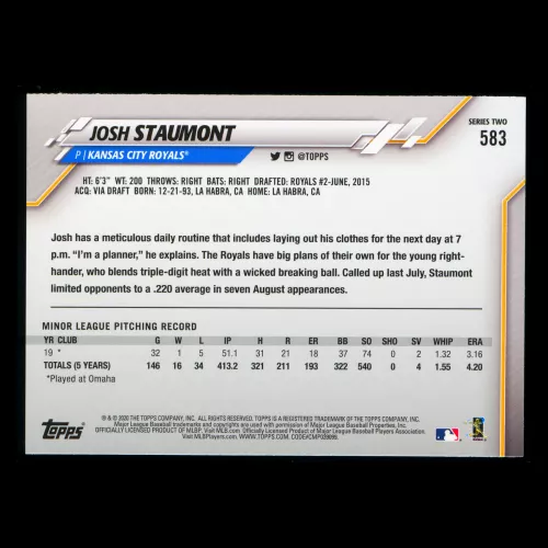 Josh Staumont RC 2020 Topps Rookie Royals