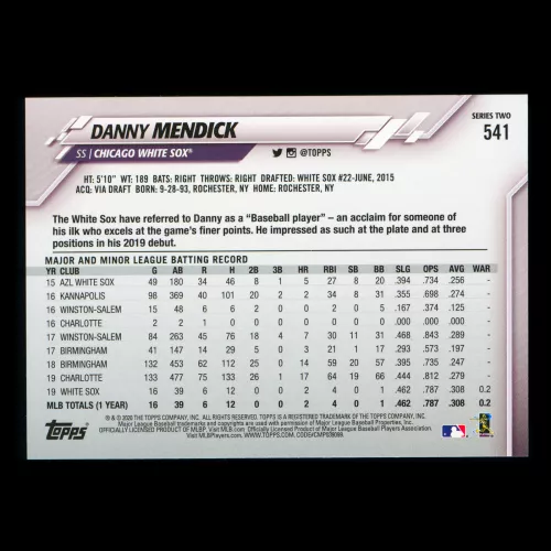 Danny Mendick RC 2020 Topps Rookie White Sox