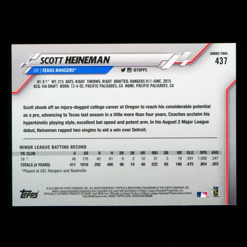Scott Heineman RC 2020 Topps Rookie Inaugural Season Rangers