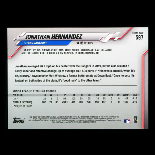 Jonathan Hernandez RC 2020 Topps Rookie Inaugural Season Rangers