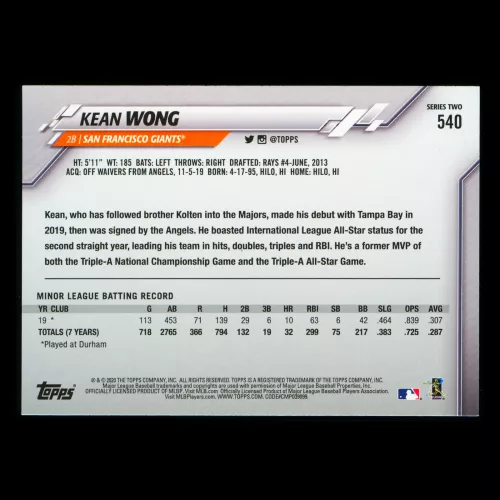 Kean Wong RC 2020 Topps Rookie Giants