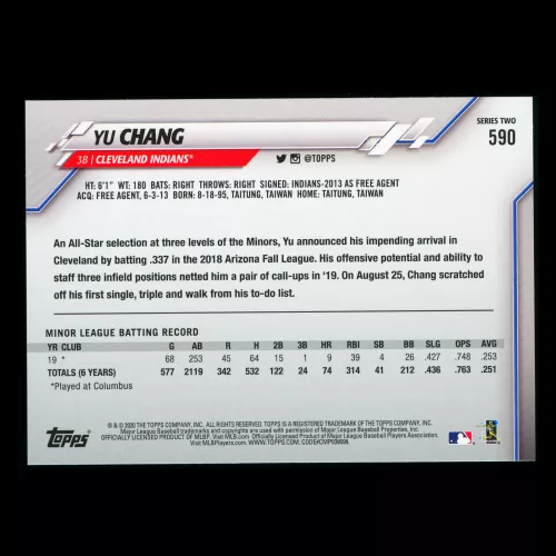 Yu Chang RC 2020 Topps Rookie Indians