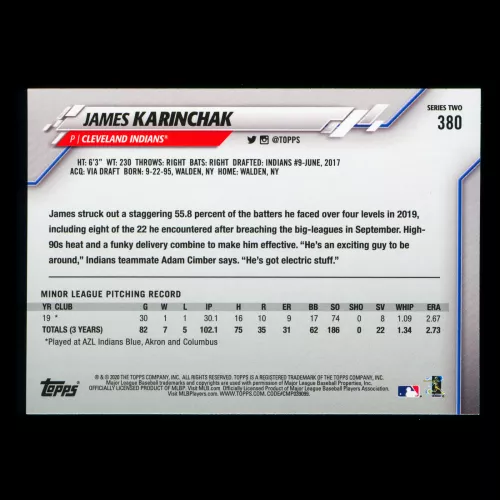 James Karinchak RC 2020 Topps Rookie Indians