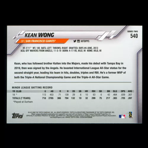 Kean Wong RC 2020 Topps Rookie Giants