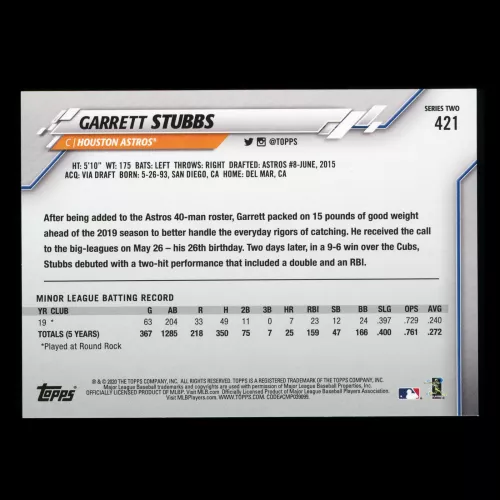Garrett Stubbs RC 2020 Topps Rookie Astros