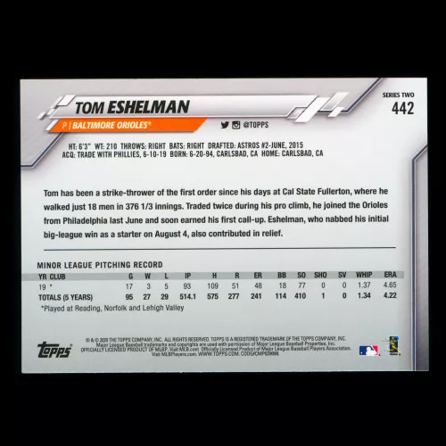 Tom Eshelman RC 2020 Topps Rookie Orioles 