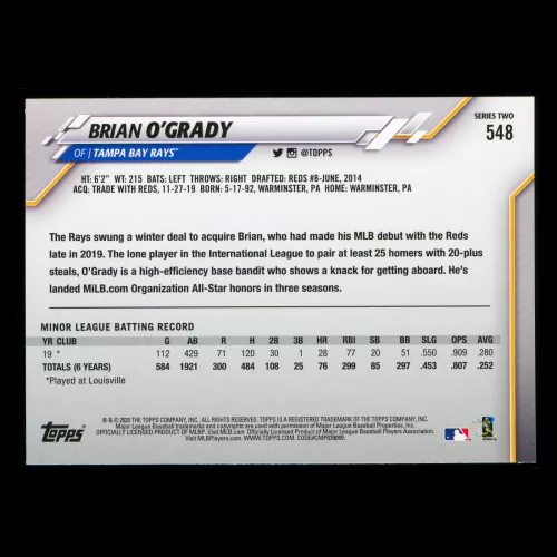 Brian O'Grady RC 2020 Topps Rookie Rays