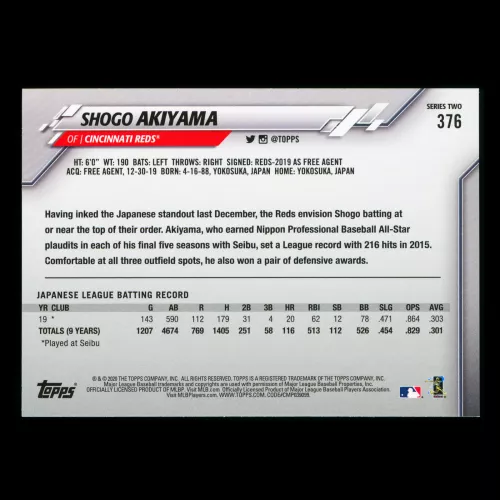Shogo Akiyama RC 2020 Topps Rookie Reds