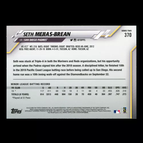 Seth Mejias-Brean RC 2020 Topps Rookie Padres