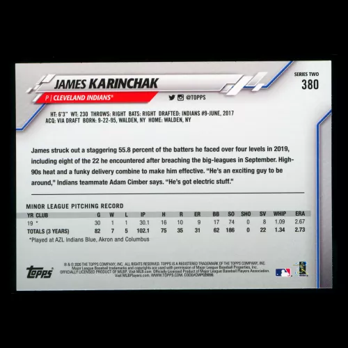 James Karinchak RC 2020 Topps Rookie Indians