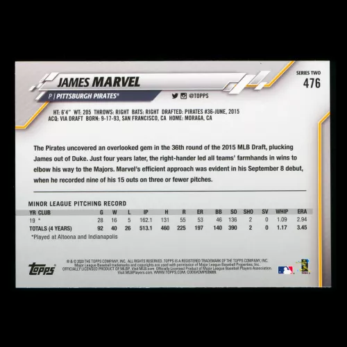 James Marvel RC 2020 Topps Rookie Pirates