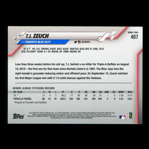 T.J. Zeuch RC 2020 Topps Rookie Blue Jays