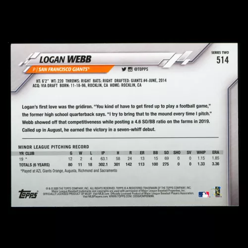 Logan Webb RC 2020 Topps Rookie Giants