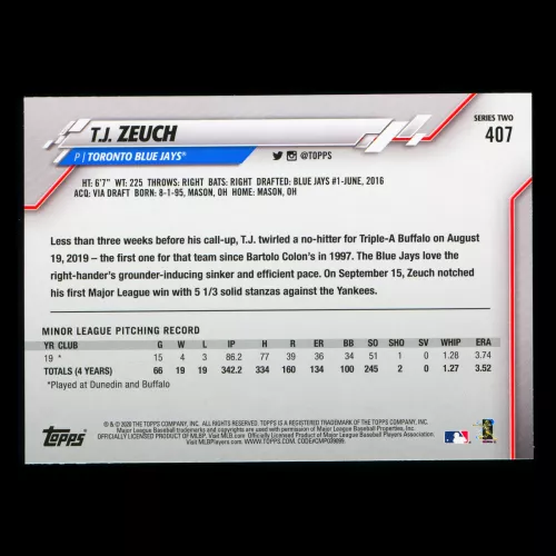 T.J. Zeuch RC 2020 Topps Rookie Blue Jays