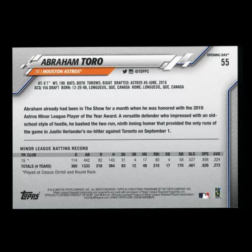 Abraham Toro RC 2020 Topps Opening Day Rookie Astros