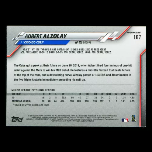 Albert Alzolay RC 2020 Topps Opening Day Rookie Cubs