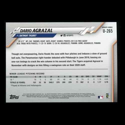 Dario Agrazal RC 2020 Topps Rookie Tigers