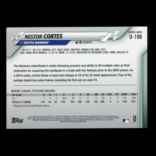 Nestor Cortes RC 2020 Topps Rookie Mariners