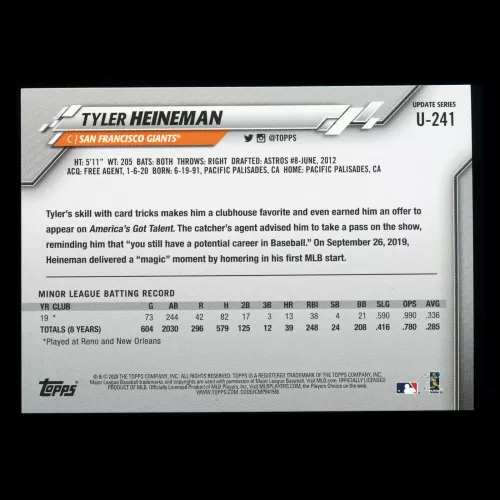 Tyler Heineman RC 2020 Topps Rookie Giants
