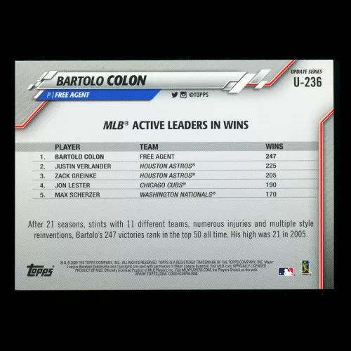 Bartolo Colon 2020 Topps Active Leaders Mets