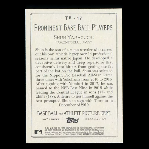 Shun Yamaguchi RC 2020 Topps Turkey Red Rookie Blue Jays