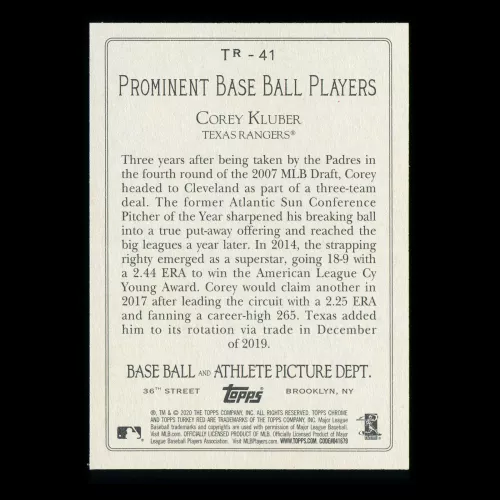 Corey Kluber 2020 Topps Turkey Red Rangers