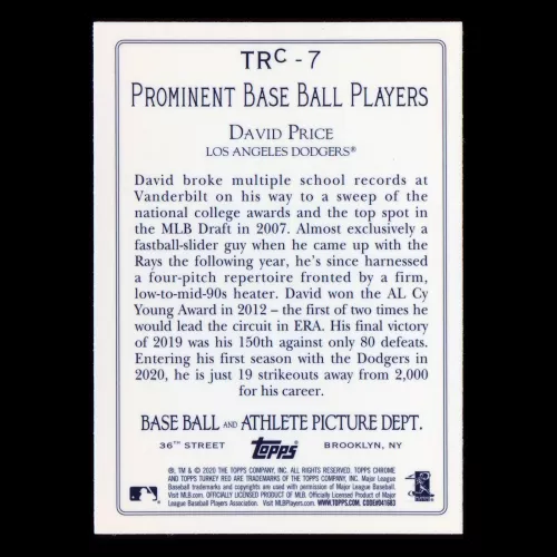 David Price 2020 Topps Chrome Turkey Red Chrome Dodgers