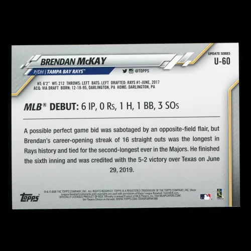 Brendan McKay RC 2020 Topps Rookie Rays