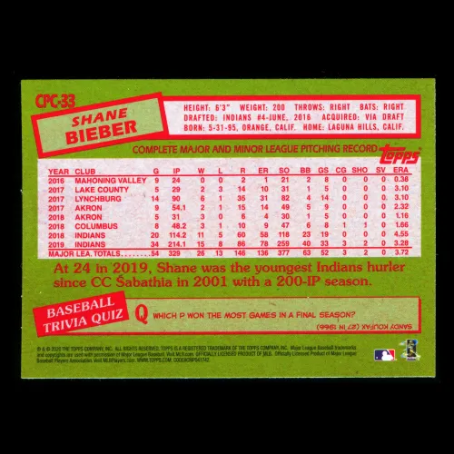 Shane Bieber 2020 Topps 1985 Retro Silver Pack Chrome Indians