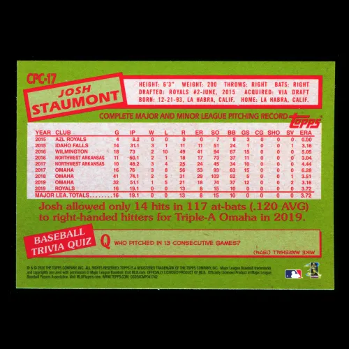 Josh Staumont RC 2020 Topps 1985 Retro Silver Pack Chrome Rookie Royals