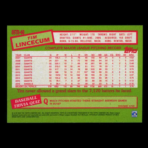 Tim Lincecum 2020 Topps 1985 Retro Giants