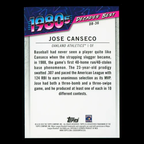 Jose Canseco 2020 Topps Decades' Best Award Winners 1980s Athletics