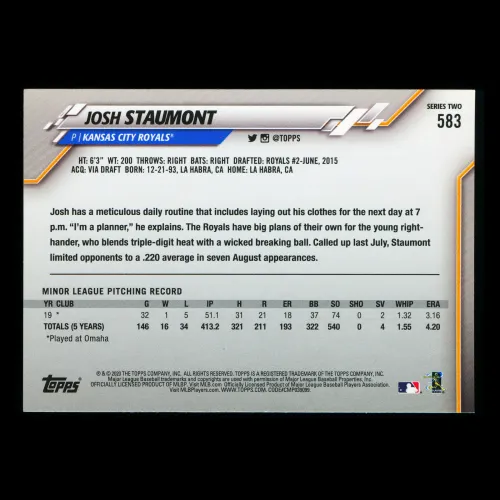 Josh Staumont RC 2020 Topps Rookie Royals