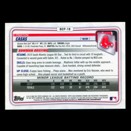 Triston Casas 2020 Bowman Chrome Prospect Blue Refractor Red Sox 149/150