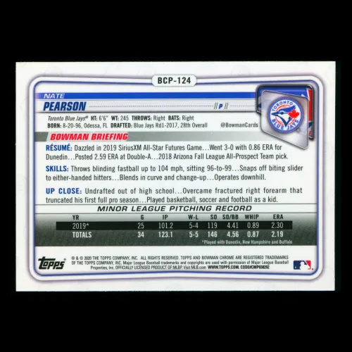 Nate Pearson 2020 Bowman Chrome Prospect Blue Jays
