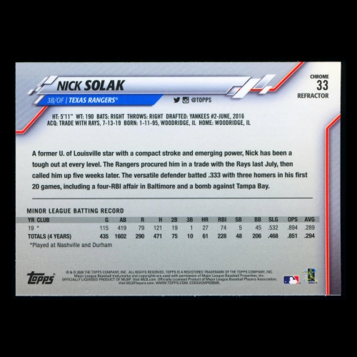 Nick Solak RC 2020 Topps Chrome Sepia Refractor Rookie Rangers