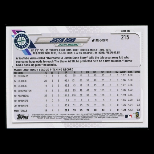 Justin Dunn 2021 Topps Future Stars Mariners