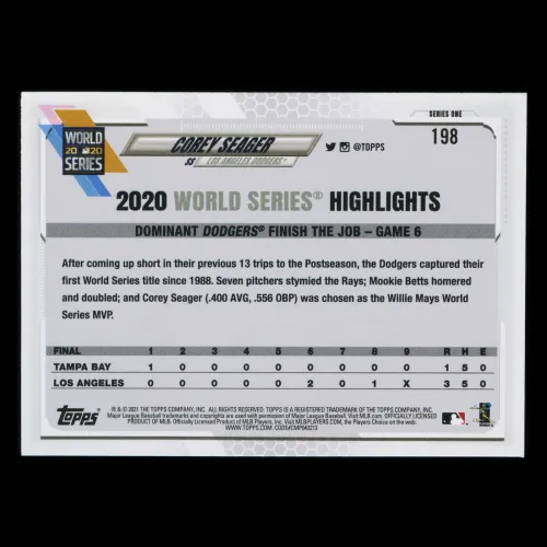 Corey Seager 2021 Topps 2020 World Series Dodgers