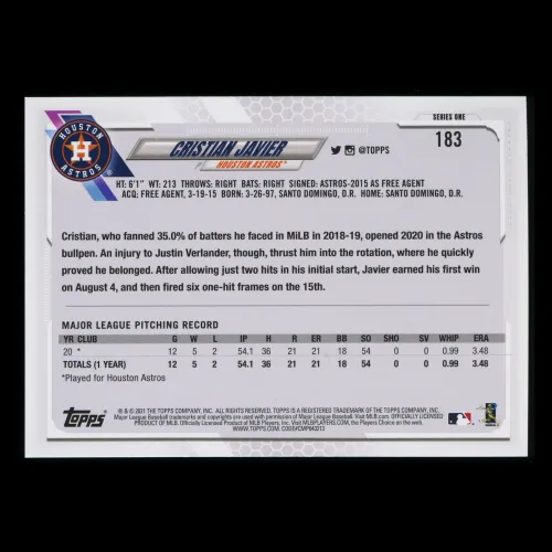 Cristian Javier RC 2021 Topps Rookie Astros