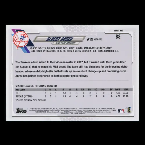Albert Abreu RC 2021 Topps Rookie Yankees
