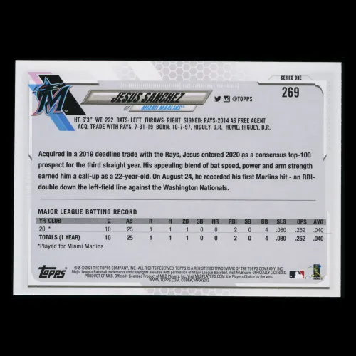 Jesus Sanchez RC 2021 Topps Rookie Marlins