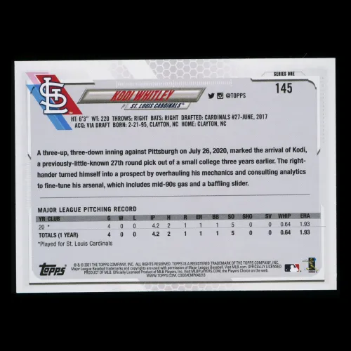 Kodi Whitley RC 2021 Topps Rookie Cardinals