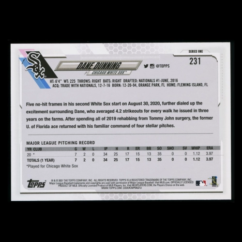 Dane Dunning RC 2021 Topps Rookie White Sox